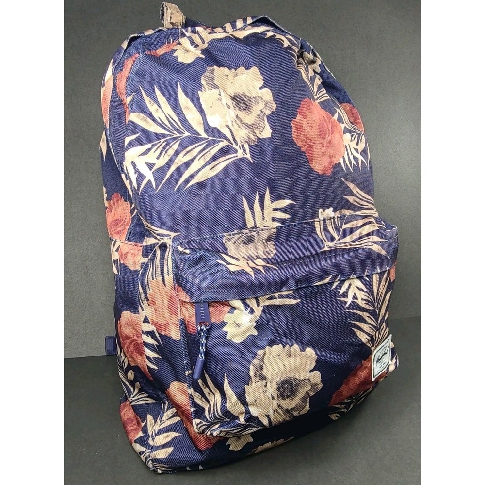 Herschel Supply Co. Backpack Floral Print Navy Blue Red Stripe Lining EUC
